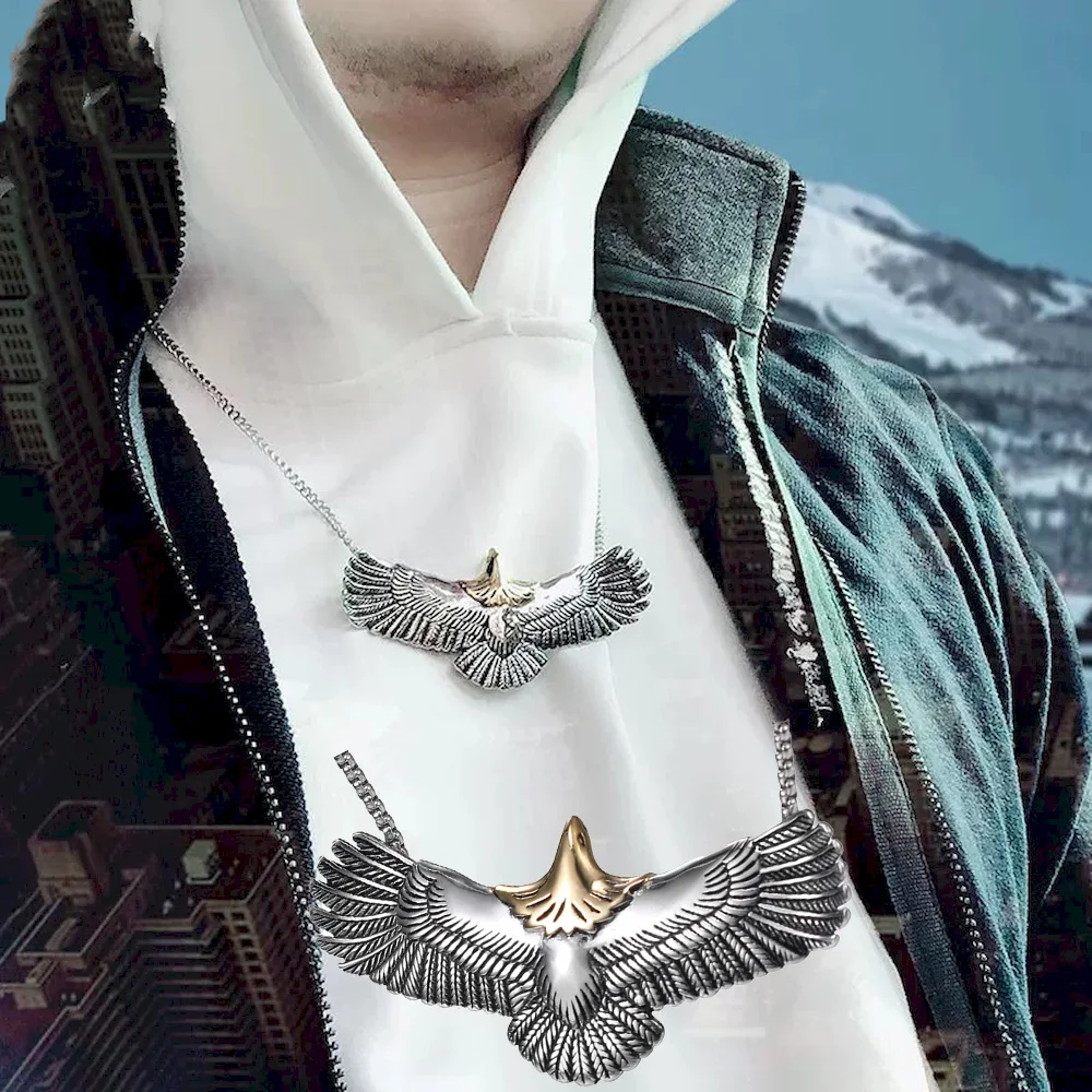 Stainless Steel Spread Wing Eagle Hawk Men Pendant Necklace Big Bird Punk Waterproof Finger Jewelry Wholesale Drop Shipping