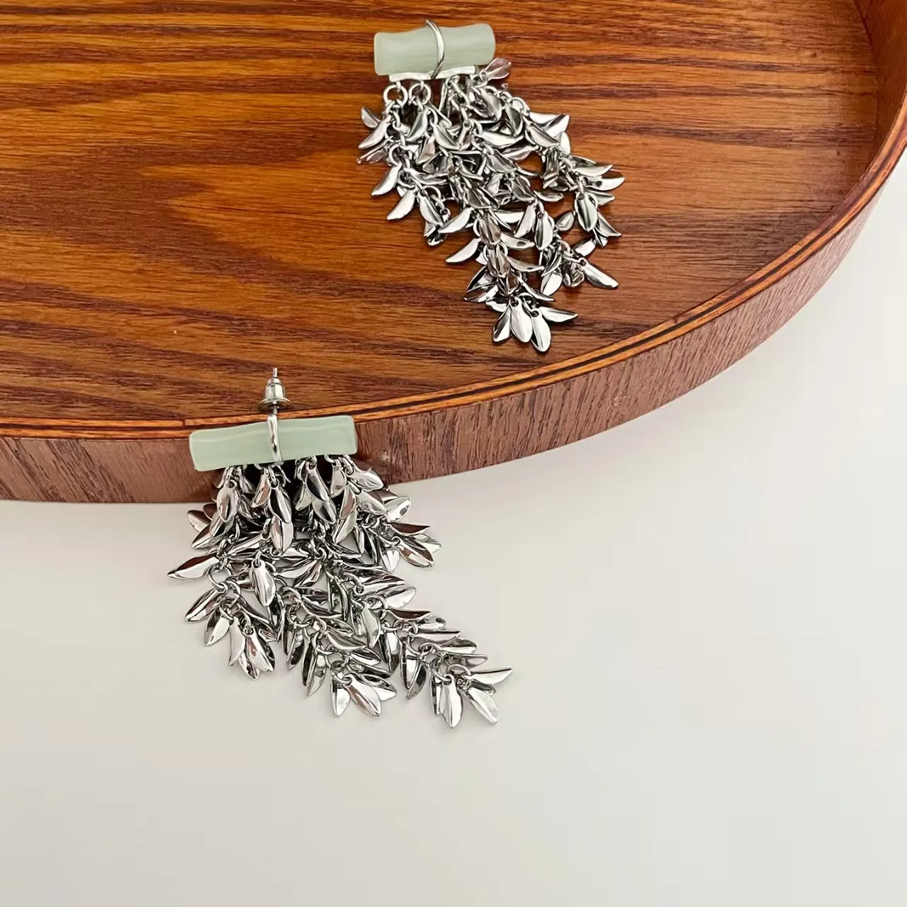 2025 Summer 925 Silver Synthetic Jade Bamboo Statement Earring Multi-layers Wheat Jadeite Ear Drop Dangle Modern Party Accessory