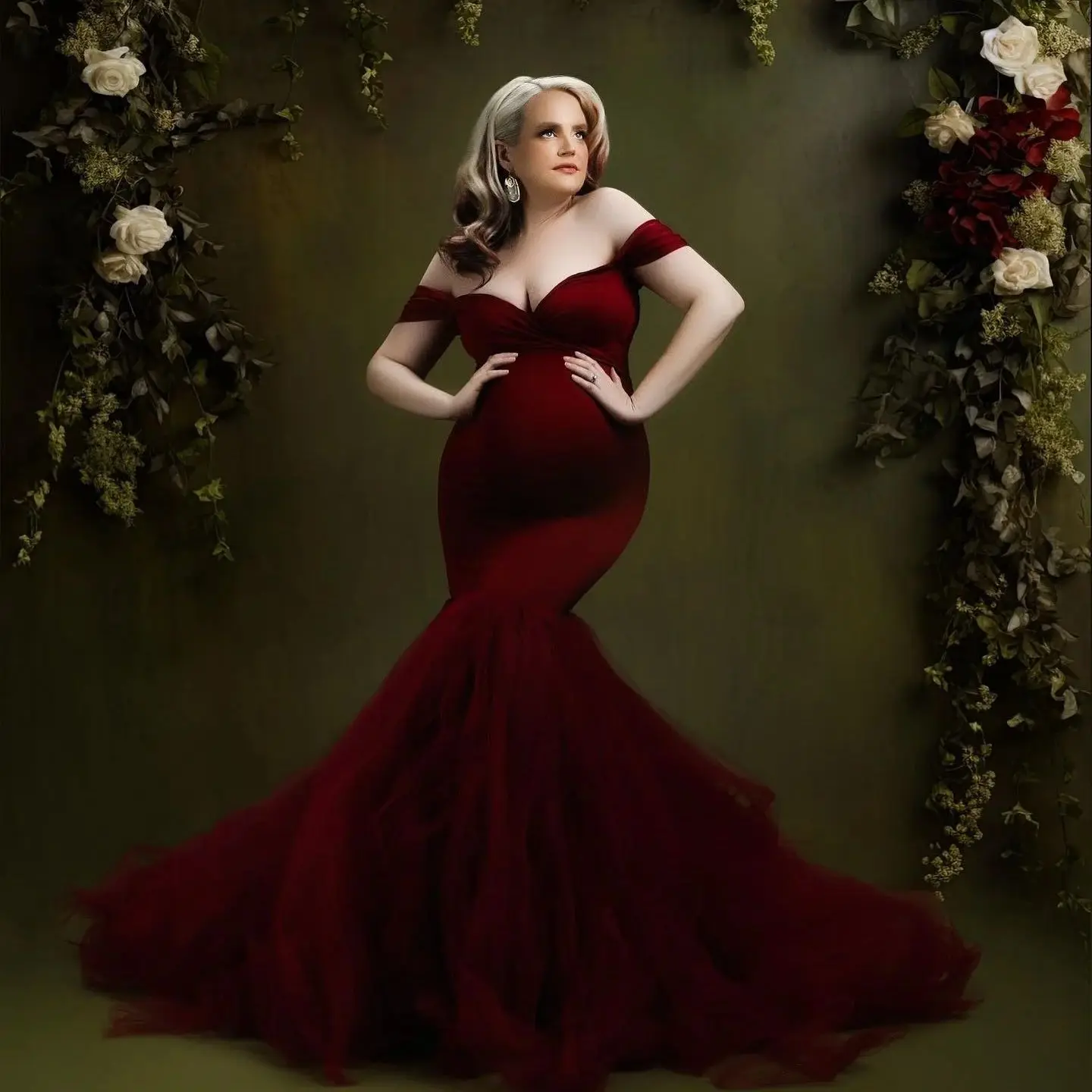 

Elegant Dark Red Mermaid Maternity Dress for Photography Pregnant Photoshoot Robe Photo Shoot Dresses Women Baby Shower