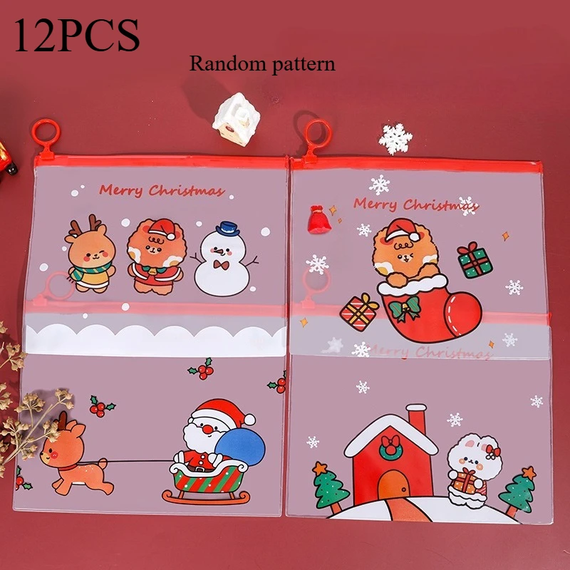 12pcs Christmas Ring Zip File Bag Transparent Stationery Organizer for Students Multifunctional Pencil Pouch Organizer
