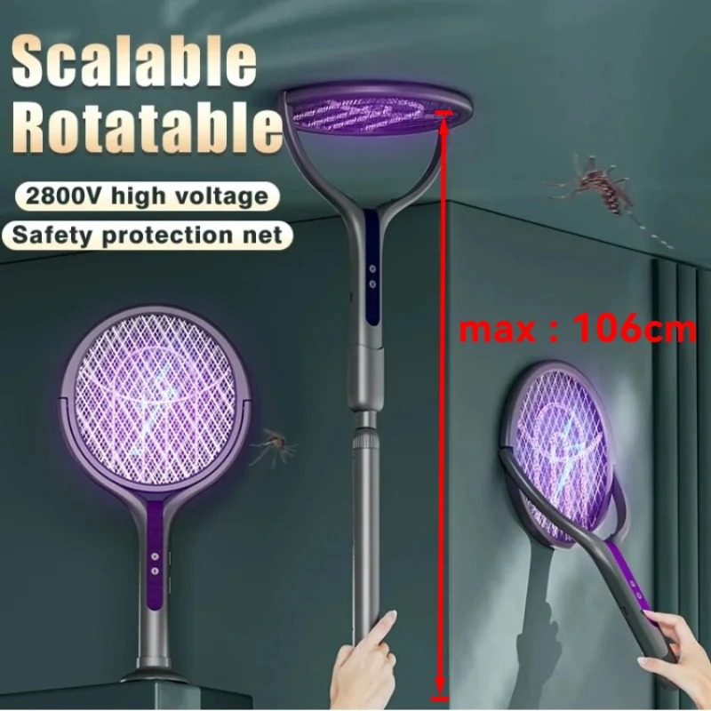 

2800V 106CM Extendable Electric Mosquito Racket Rotating Head 2 In 1 Bug Swatter Rechargeable Adjustable Grid Gnat Trap Catcher