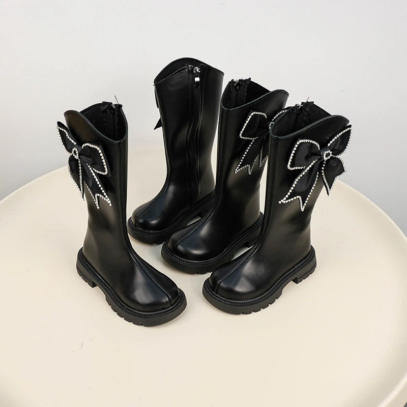 Elegant Girls Princess Long Boots Sweet Rhinestone Bowknot Children Fashion Boots Winter Plush Kids Black Catwalk Cotton Boots