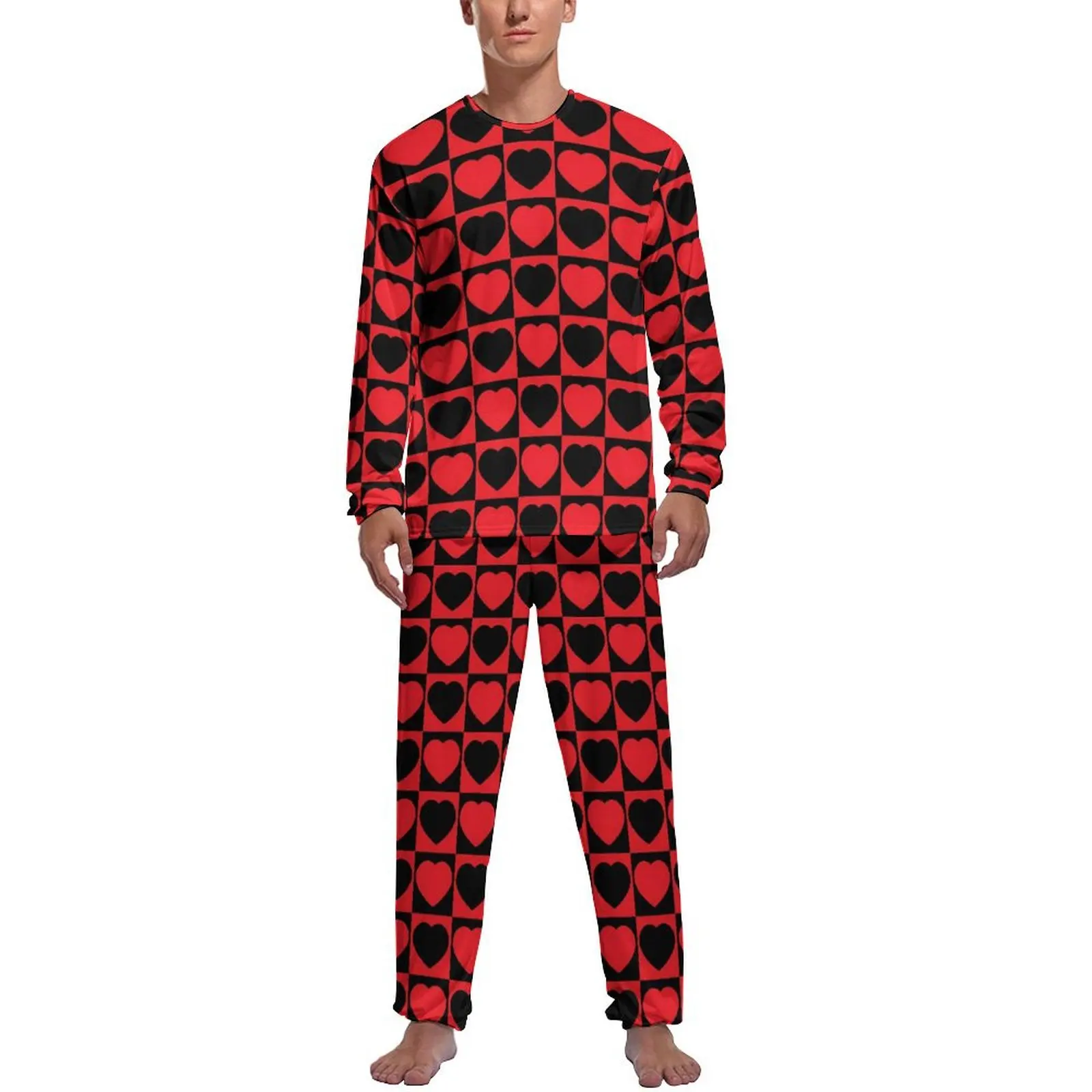 Valentine Hearts Pajamas Men Black and Red Kawaii Nightwear Daily Long Sleeves 2 Piece Aesthetic Design Pajama Sets