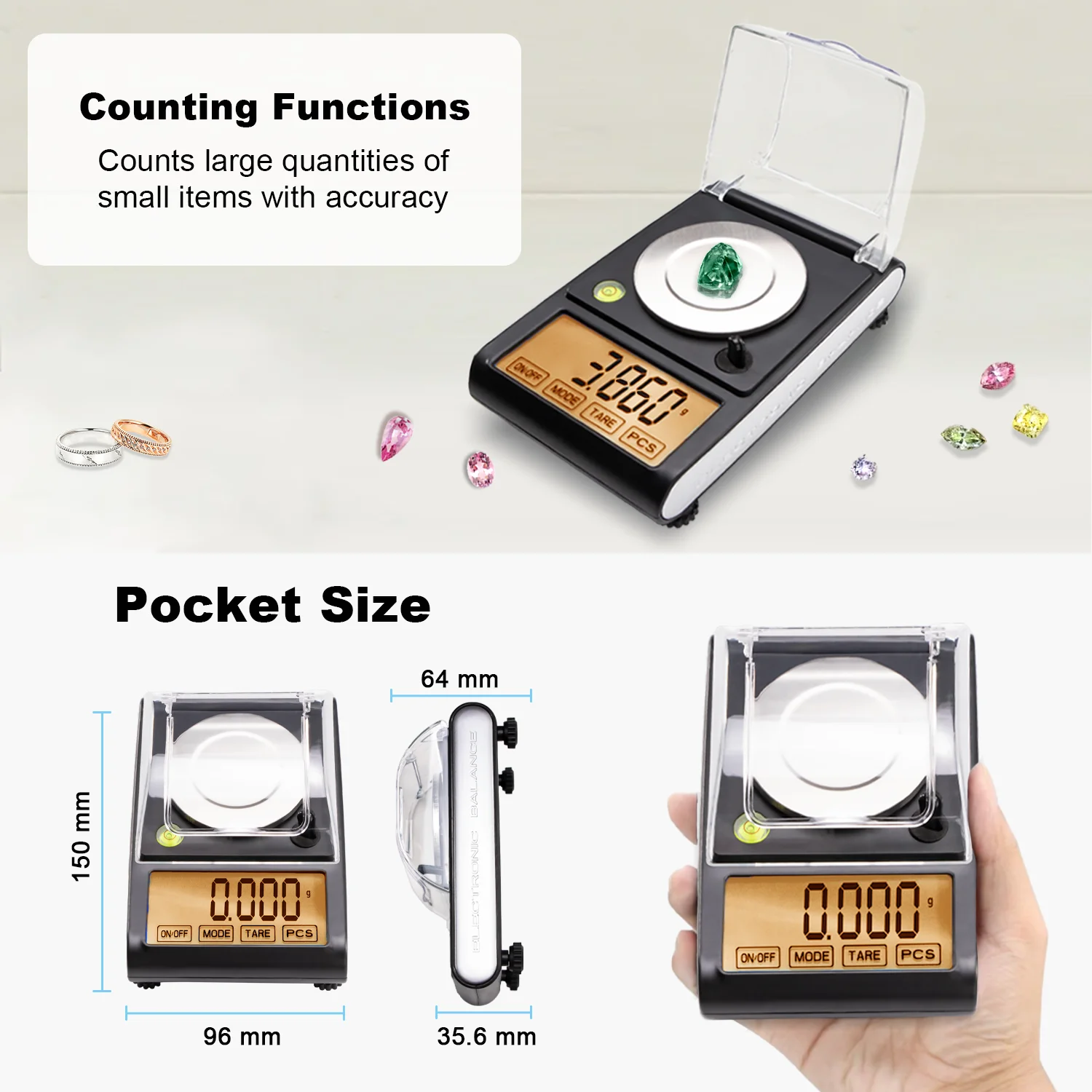 50g 0.001g LCD Touch Digital Milligram Scale  Jewelry Gold Lab Scales  with 6 Units, Tare Weights, Calibration Weights