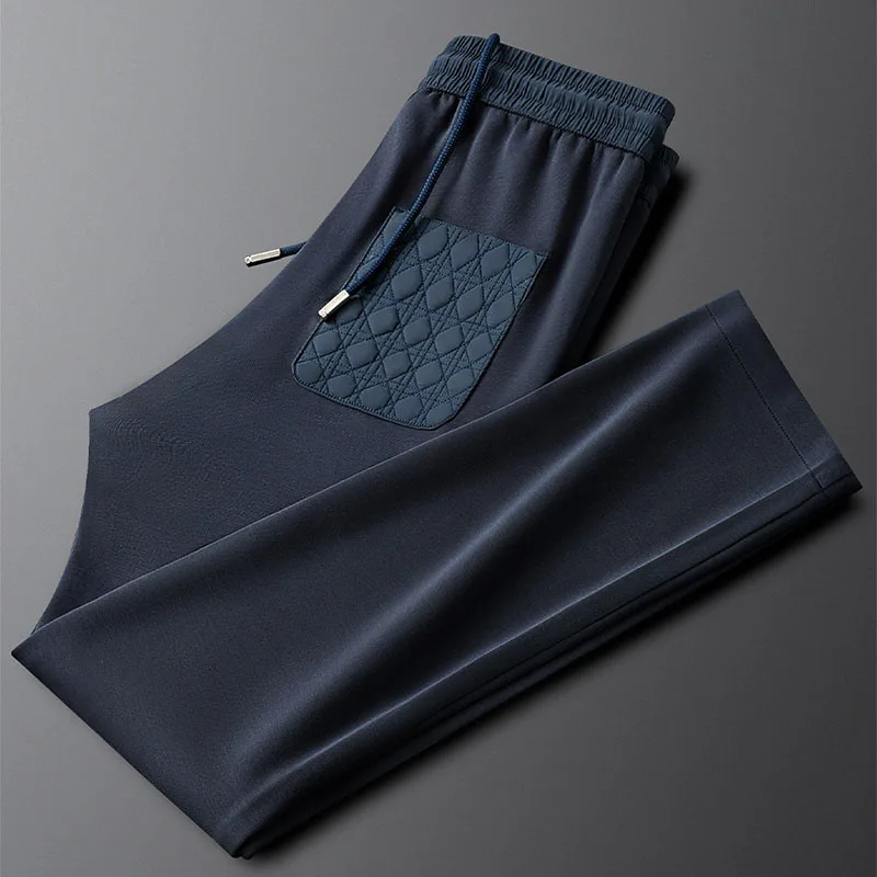 Luxury-lite herringbone pattern casual pants for men, loose-fitting with elastic waist and drawstring, straight-leg, form-fittin