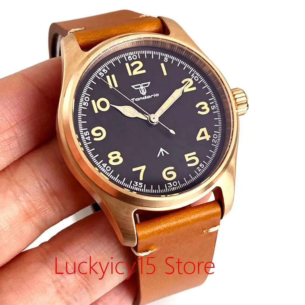 Tandorio 39mm Real CUSN8 Bronze Retro Pilot VH31 Quartz Movement Men's Watch Sapphire Glass Luminous Leather Band 20ATM