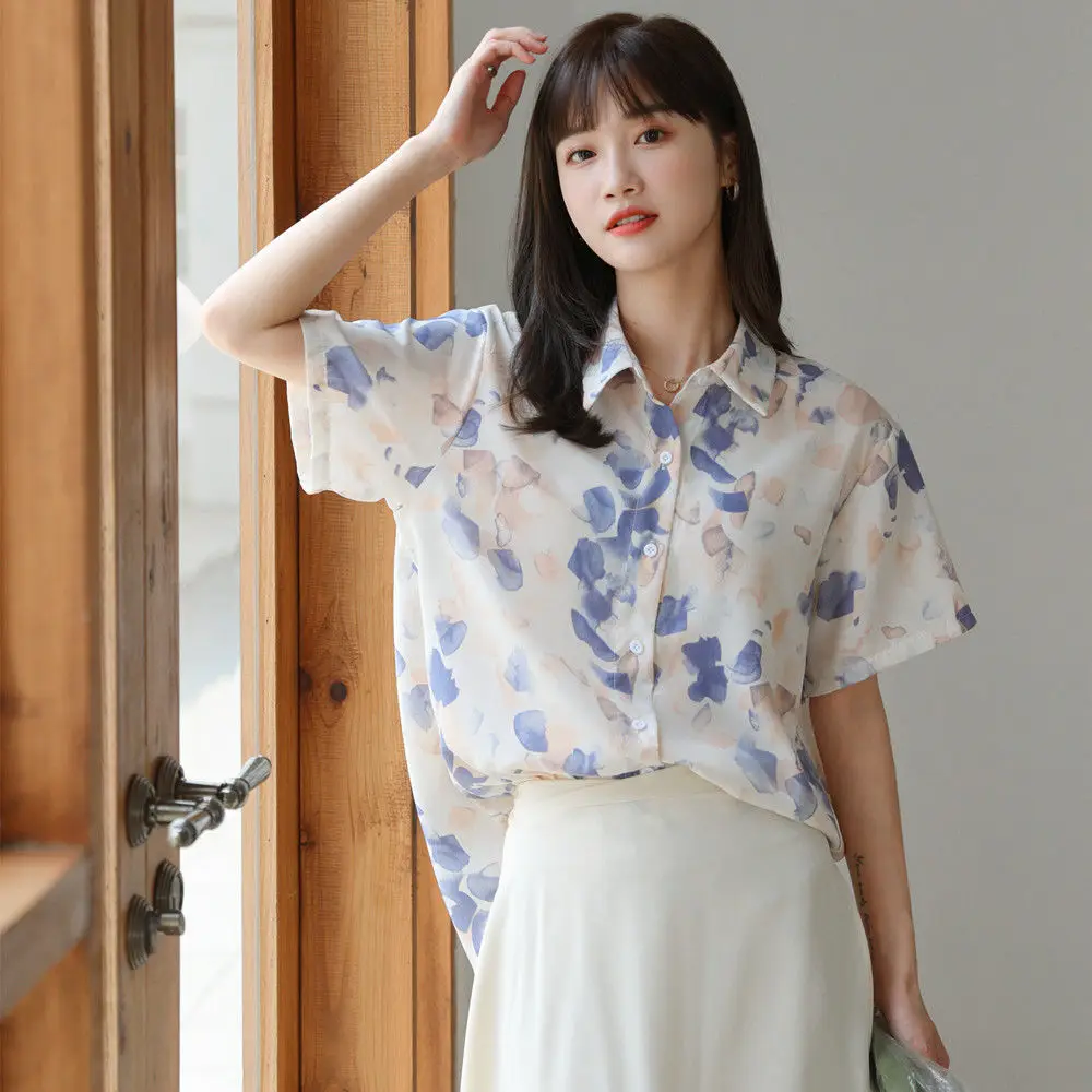 Chemise à manches courtes en mousseline de soie pour femmes, ample et décontractée, Style de vacances, imprimé rétro, pour les déplacements d'été