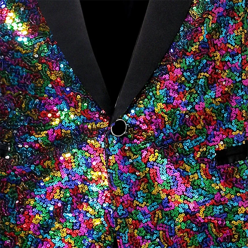 Men\'s Colorful Glitter Sequins Decoration Black Collar Blazer, Wedding Party Dress Coats, Blue Male Suit Jacket S M L XL XXL