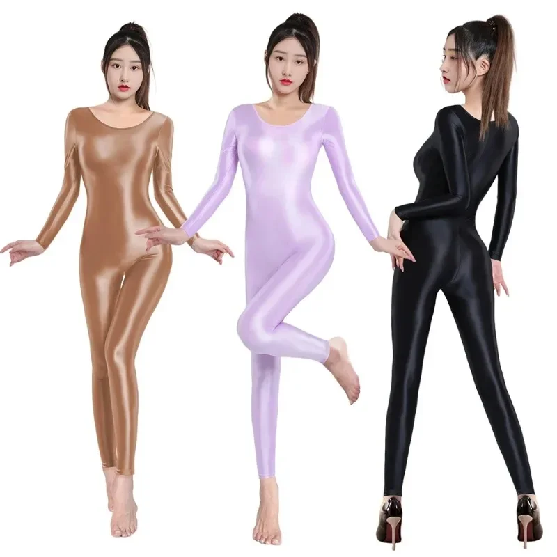 Sexy Women Shiny Silky Glossy Bodysuit Lingerie Sheer Smooth Tight Jumpsuit Elastic Romper Fetish Costumes Uniform Yoga Dance
