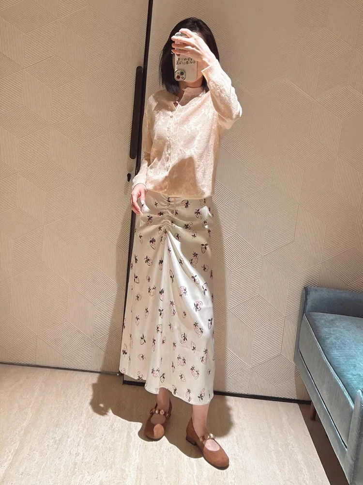 

New 2025 Mid-length Skirt Women Strawberry Printed Female Temperament Commuting Drawn Pleated Design Straight Half Skirts