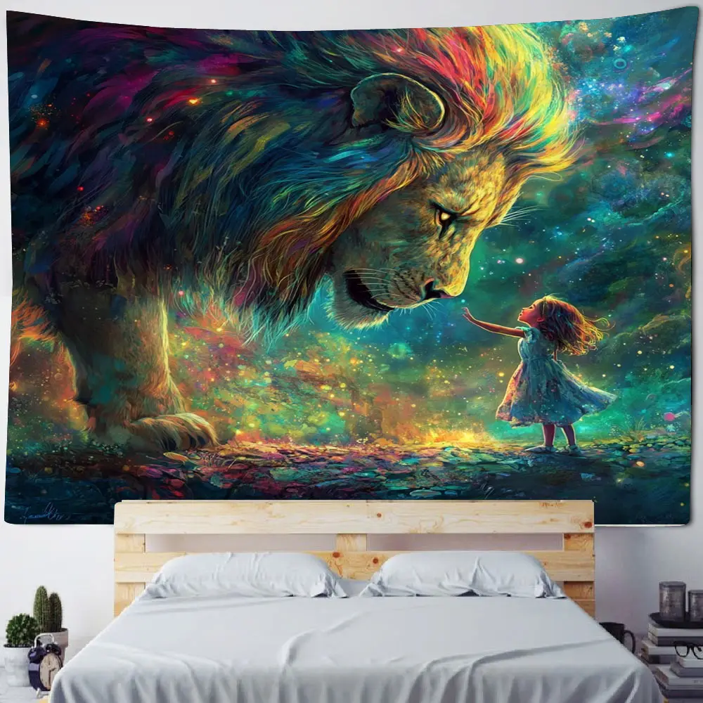 

Psychedelic starry sky lion background decoration tapestry Bohemian style lion tapestry home decoration