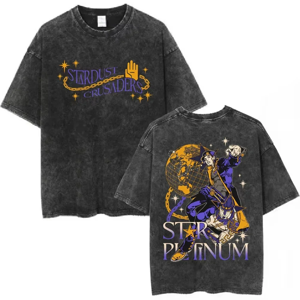 Vintage Washed Anime Jojo Bizarre Adventure T-shirt Giorno Giovanna Manga Graphic T-shirts Men's Clothing Cotton Casual T shirts