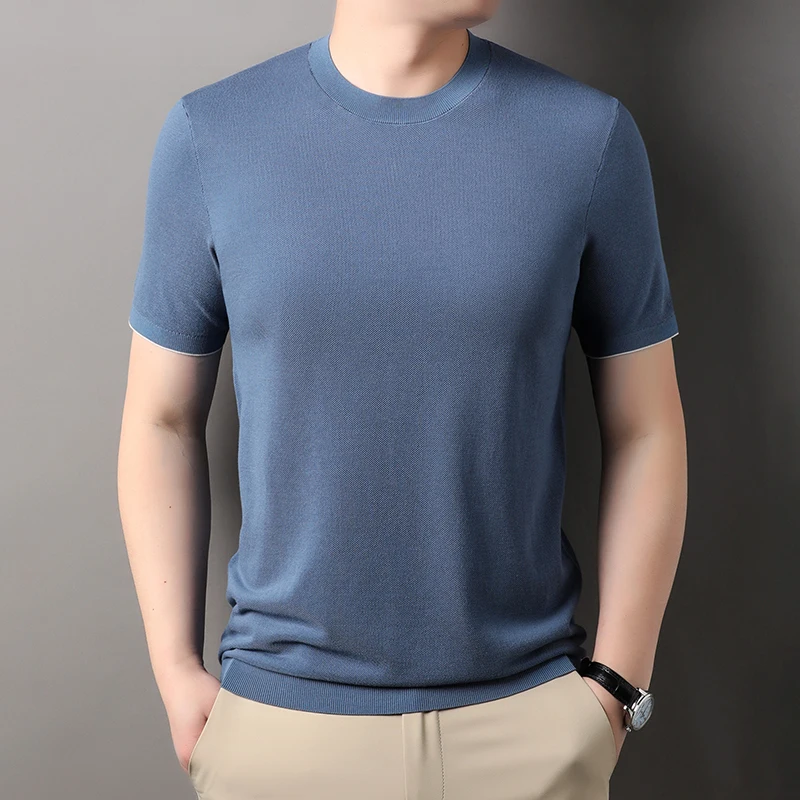 

Top Quality Men's Silk Lyocell Tees 2024 Summer & Spring Casual O-Neck Thin Knitwear Short Sleeve Knitting Tee Shirts