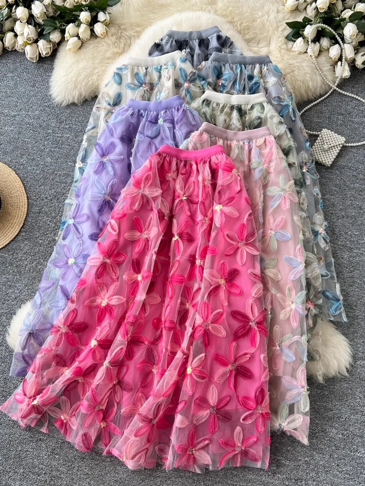 

French romantic mesh skirt for women Summer Skirts New Skinny elastic high waisted flower A-line Maxi skirt Woman Clothing
