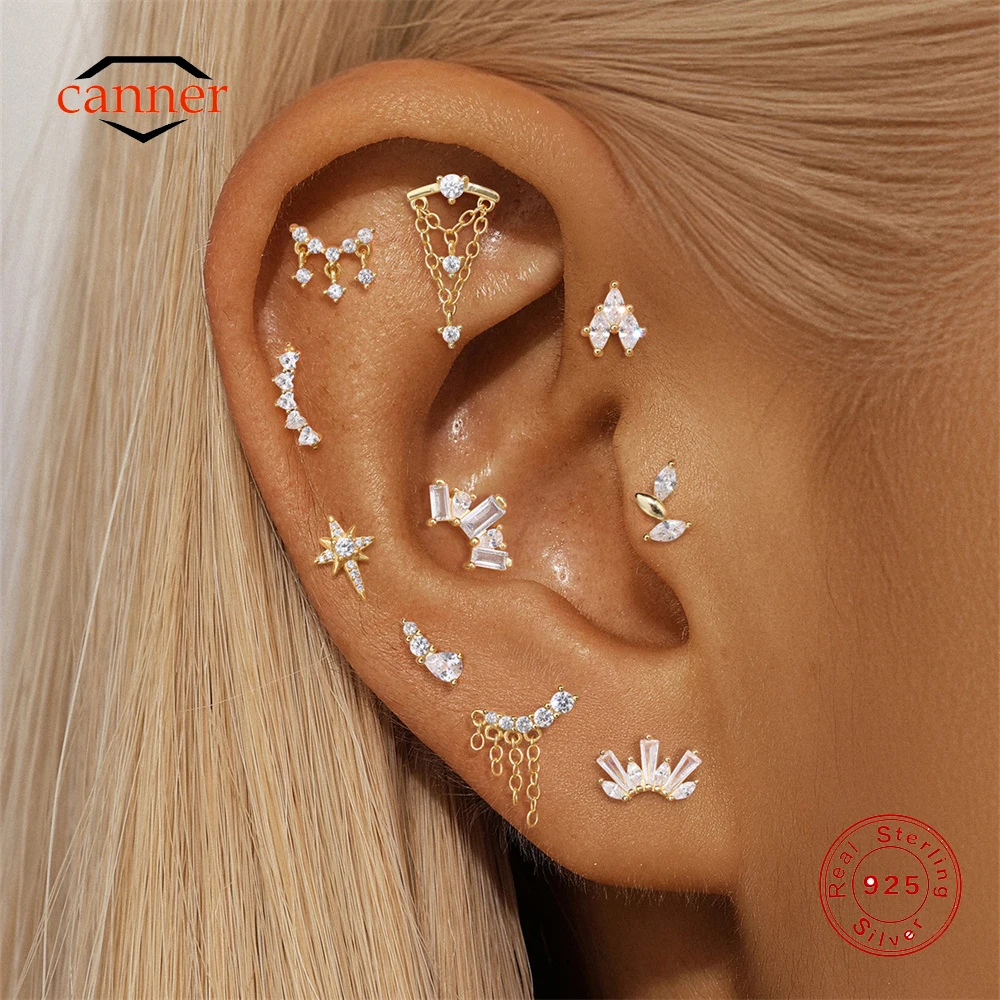 

CANNER 1PC Eight Pointed Star Flat Head Puncture 925 Sterling Silver Tassel Stud Earring For Women Ins Geometric Zircon Earring