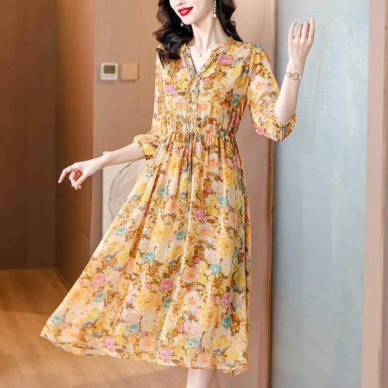 

Your Lady's Short sleeved Silk Dress Summer 2024 New Silk Women's Fashionable Mom's Dress Knee Length Skirt