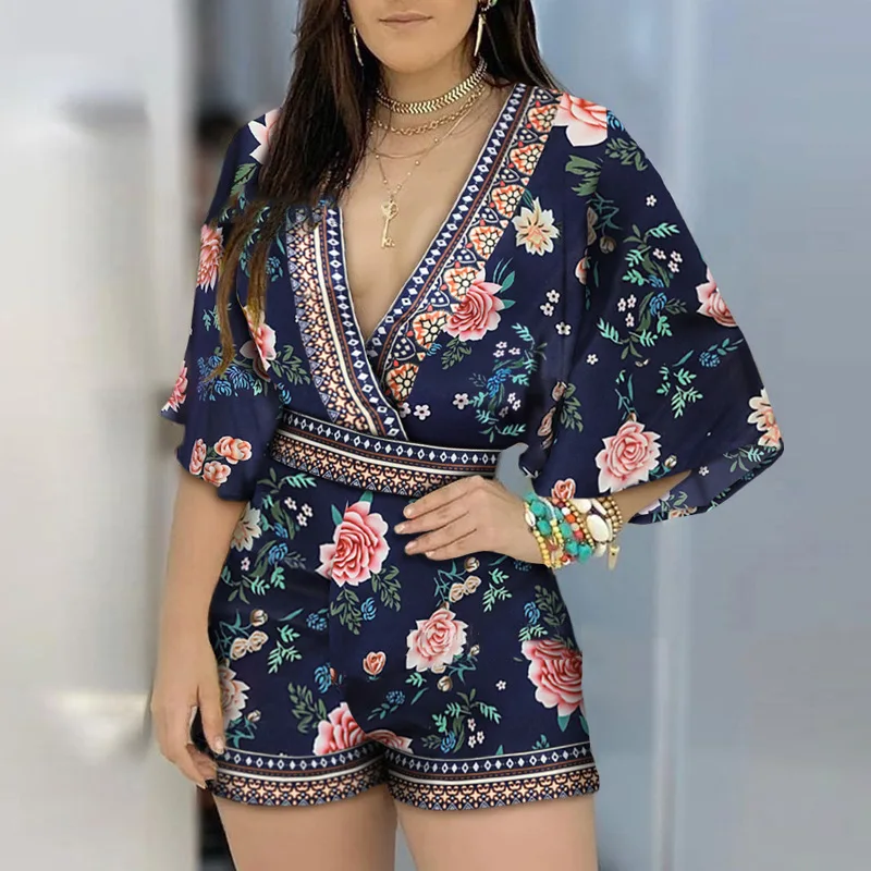 Women Deep V-neck Half Sleeved Floral Jumpsuit Summer Jumpsuit Monos Para Muje  Jumpsuit Women Jumpsuit Women 2024