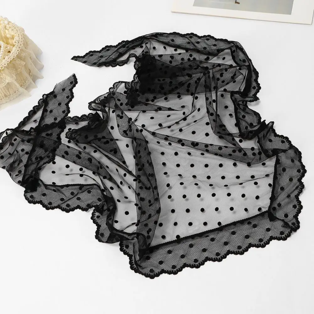 French Style Polyester Triangle Scarf Polka Dot Lace Mesh Head Scarf Vintage Style Triangle Shape Shoulder Shawl Photo Shot
