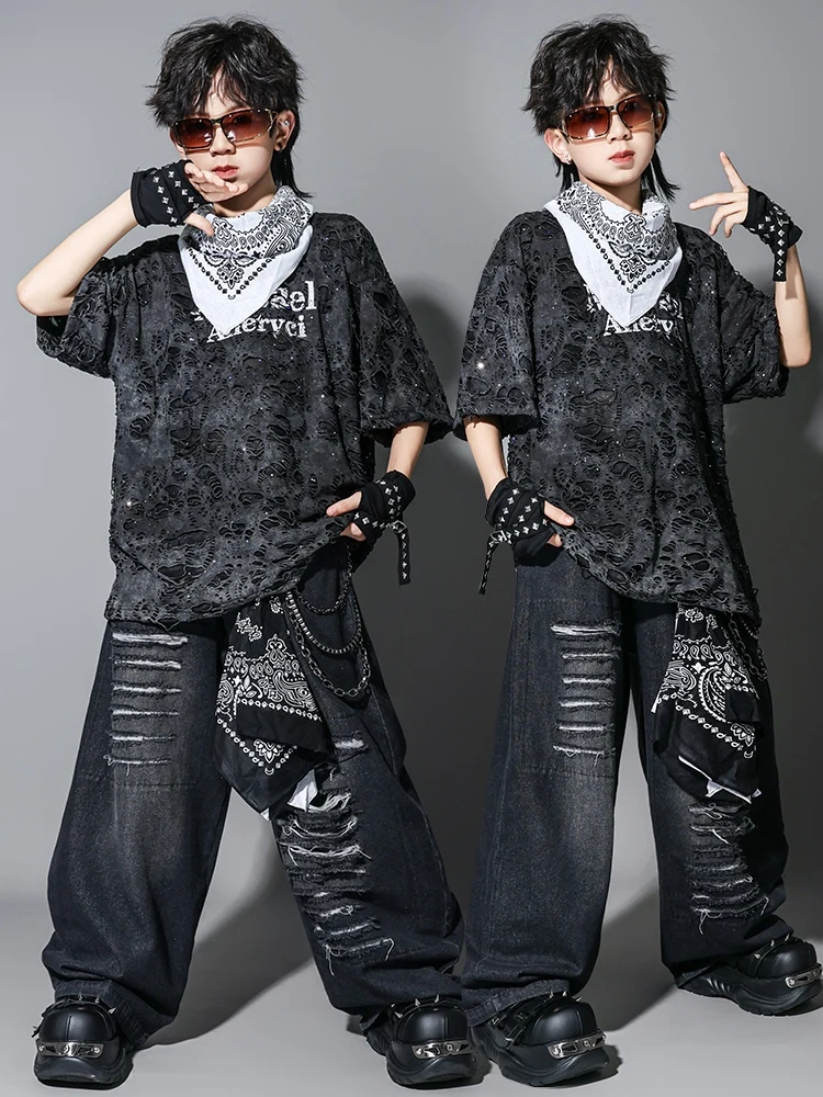 Boys Hip Hop T Shirt Pants Black Hip Hop Suit Drum Performance Costume Short Sleeves Street Jogger Wear Cool Stage Outfit L16318