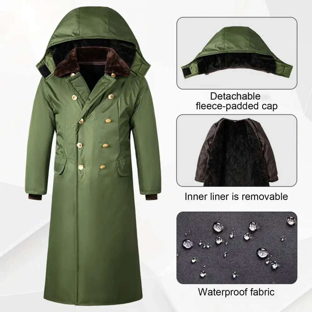 Solid Color Long Coat Winter Coat with Removable Velvet Lining Windproof Men's Jacket with Hood Waterproof Mid-length for Cold