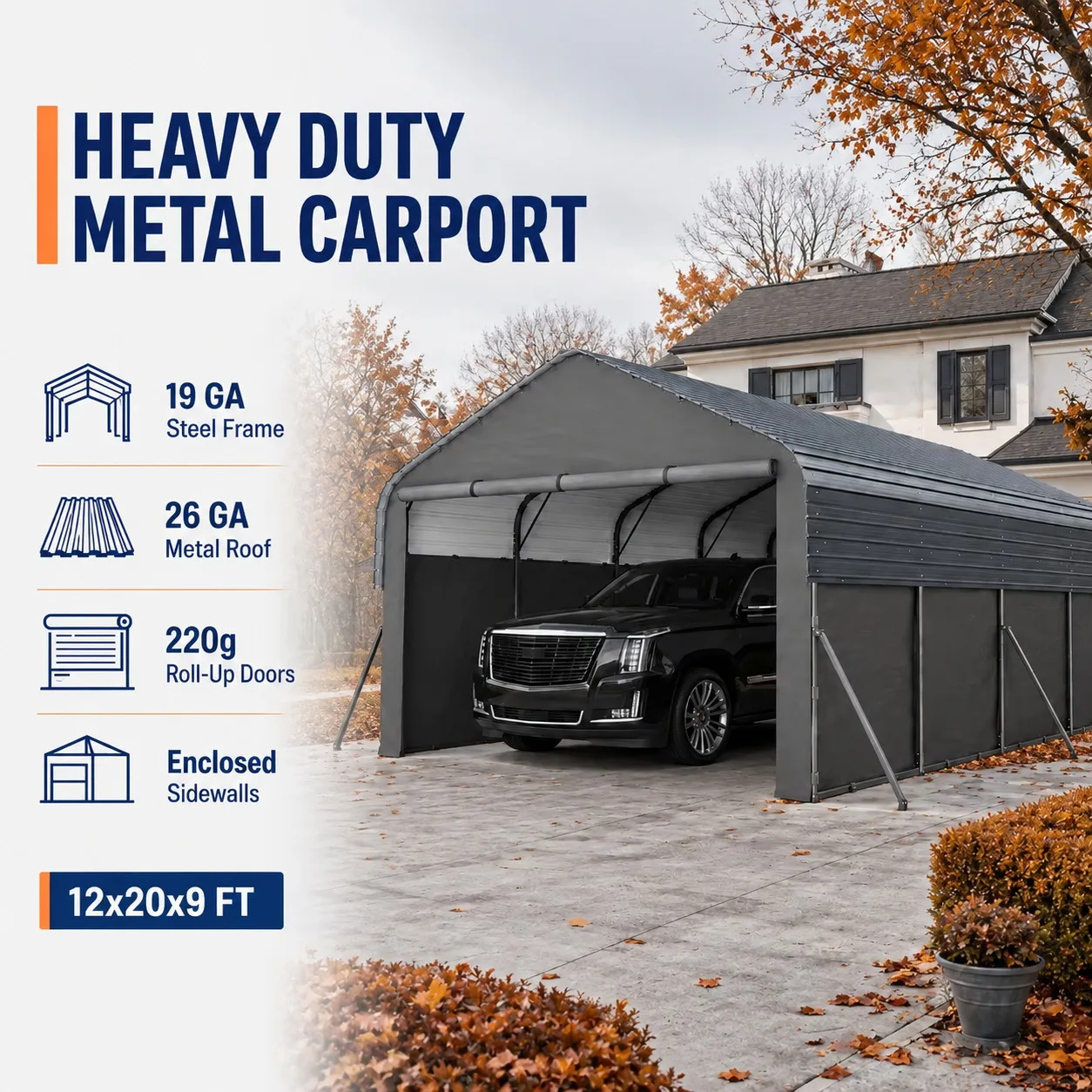 12x20x9 FT Metal Carport with Enclosed Sidewalls Portable Garage Shelter Steel Frame Outdoor Storage Canopy for Car Boat Tractor Pickup Truck