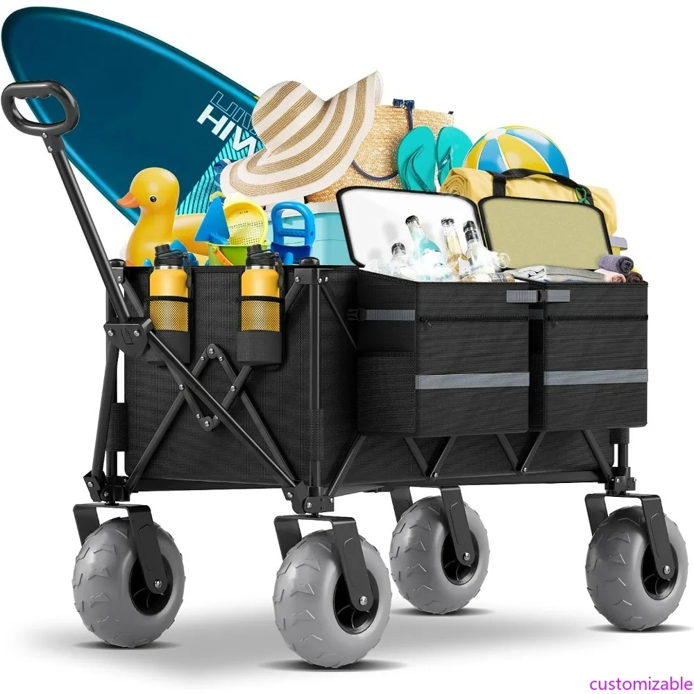 

Sturdy Beach Utility Wagon with 9 Large Wheels for Sand, Holds 450lbs, Foldable with Adjustable Handle and Cooler Bag, Collapsib