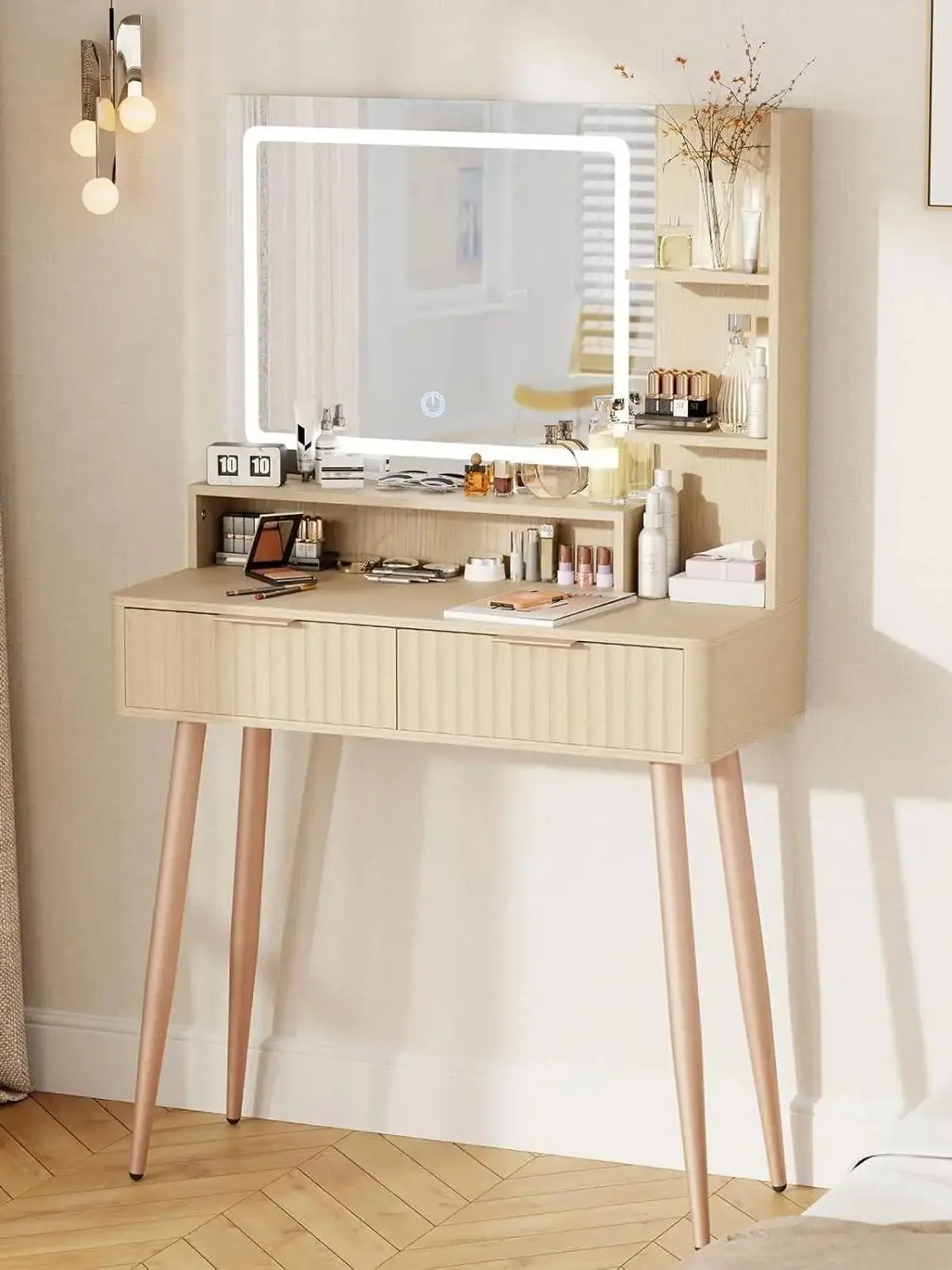31.5″ Makeup Vanity Desk with LED Mirror and Lights, Dressing Table Featuring 2 Drawers, 3 Color Lighting for Bedroom Organizati