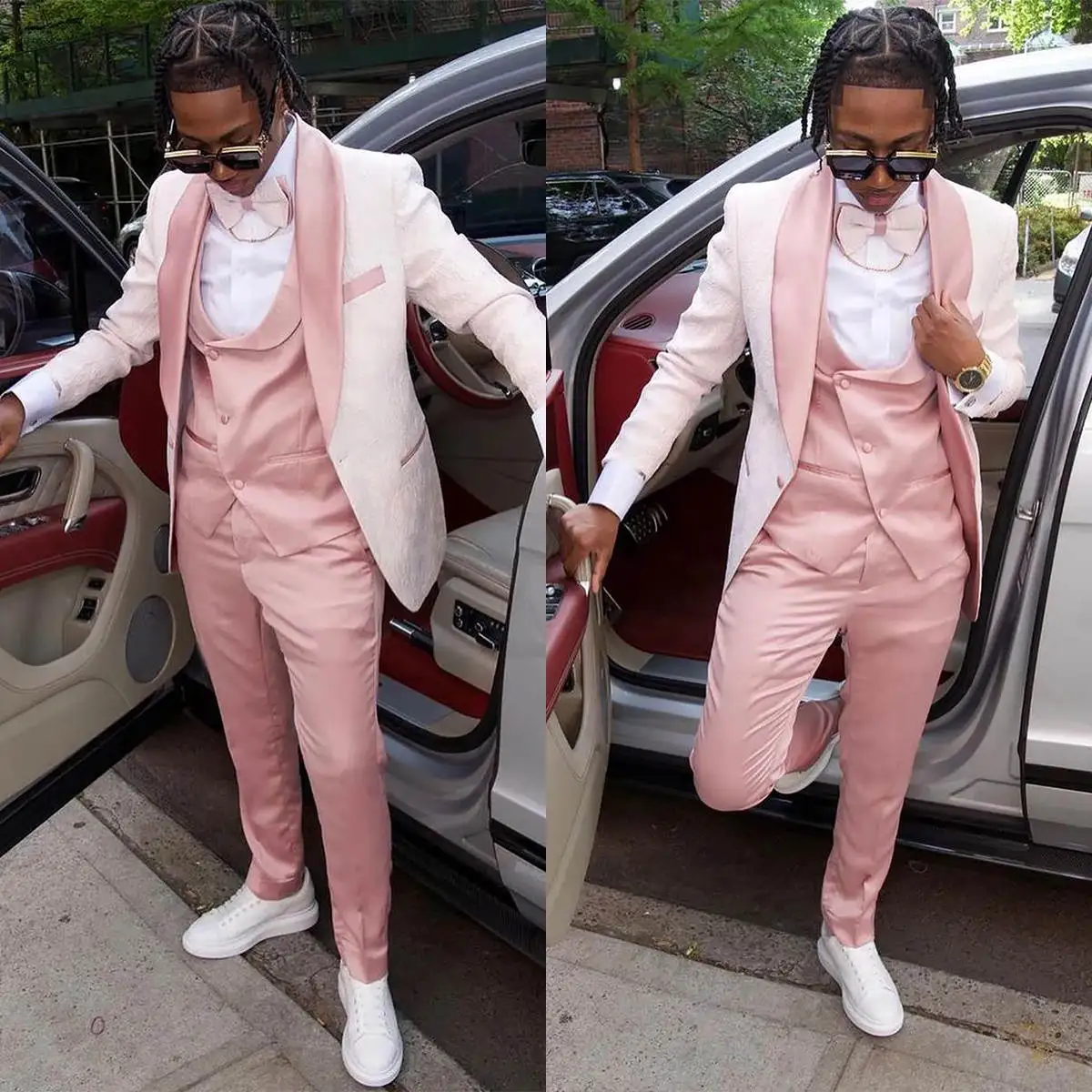 Fashion Pink Pattern Mens Wedding Tuxedos Shawl Lapel Groom Wear Dinner Business Birthday Party Ceremony Outfits 3 Pieces