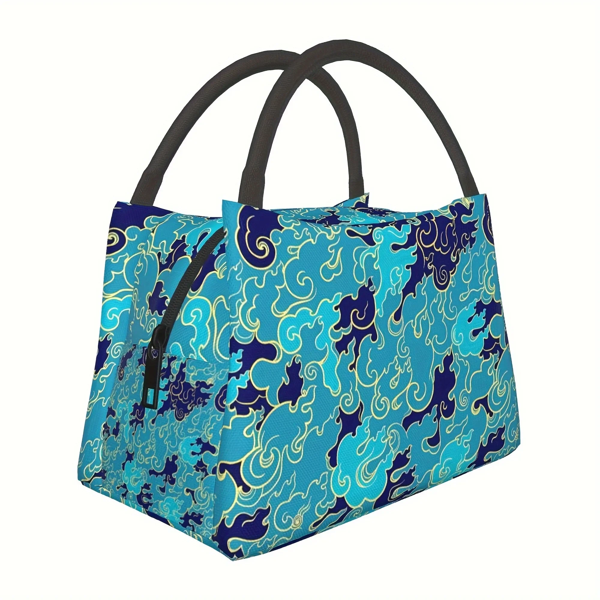 Blue Cloud Pattern Insulated Lunch Bag Durable Polyester Oxford Reusable Cooler Tote for Travel Office