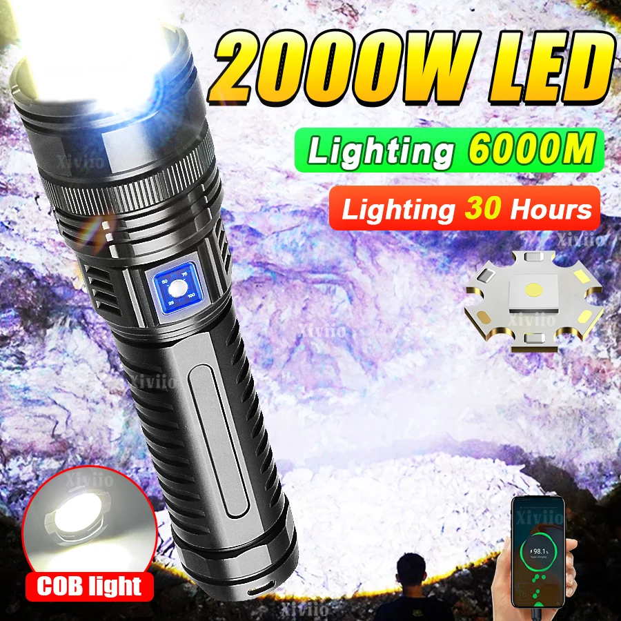 

9900000000LM Ultra Powerful LED Flashlight 2000W Super Bright Torch Light Rechargeable 15000mAh Outdoor Fishing Camping Lantern