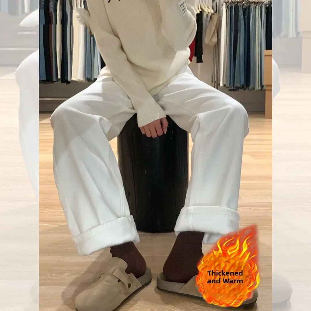 Winter High Waist Straight Leg Fleece Lined Denim Jeans Women's Hip Concealing Pear Shaped Body Warm Drapey Floor Length Pants
