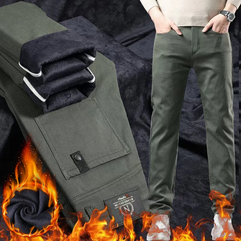 

Comfort Fleece Straight Pants Fashion Winter Men Elastic Casual Trousers Business Thick Warm Cotton Velvet Thermal Male Trouser