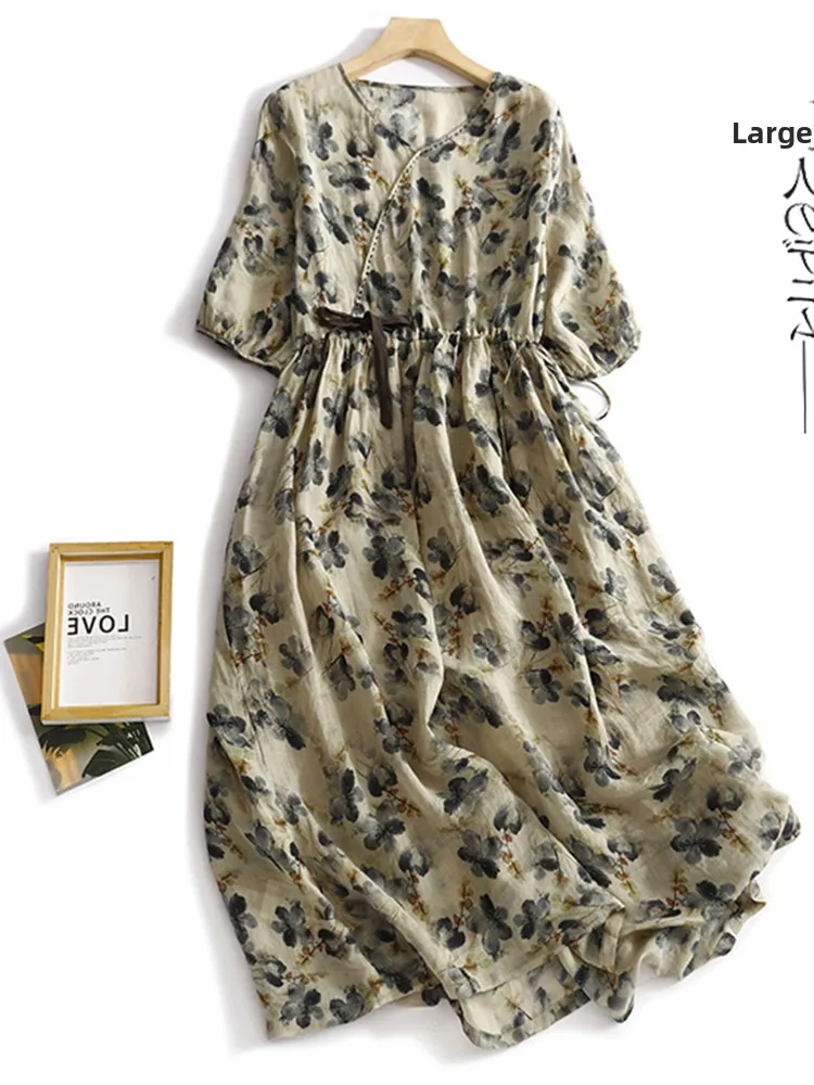

Retro Linen Floral Print Svel Dr High Waist A-Line Skirt V-Ne Cinched Waist Large Size Women's Casual Summer Dr