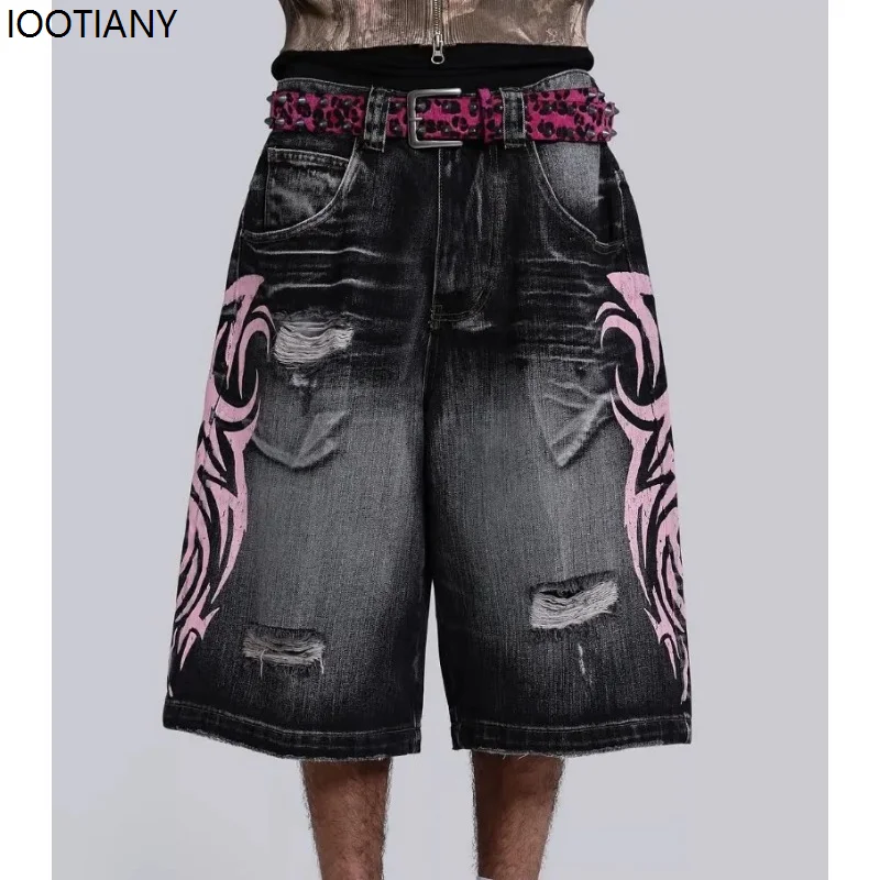 Gothic Pattern Print Women's Short Jeans Y2k Ripped Retro Harajuku Washed Straight Loose Hip Hop Street Wide Leg Cropped Pants