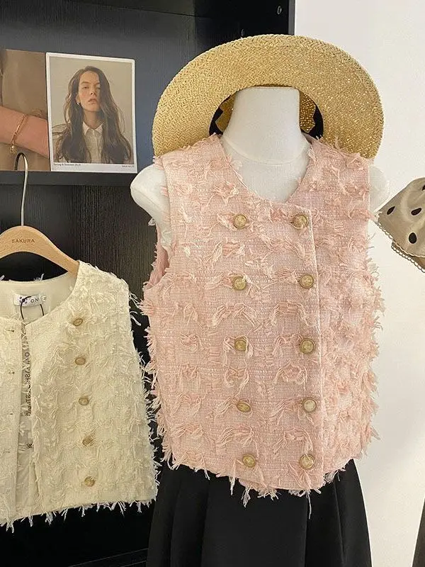 플러스 사이즈 태슬 트림 베스트 또는 플러스 사이즈 여성용 아우터웨어 출퇴근용 라운드 넥 더블 버튼 클로저