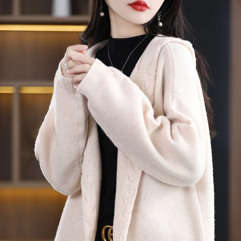 2023 Spring New Cashmere Cardigan Women's Korean Casual Knitted Jacket 100% Pure Wool Loose Fashion Hooded Cardigan Coat Sweater