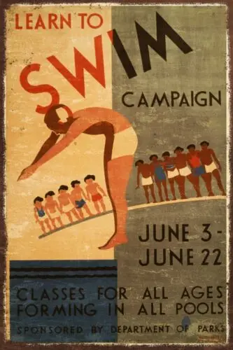 Learn To Swim Vintage Style Advert, Aged Look,  printed on New Metal Sign