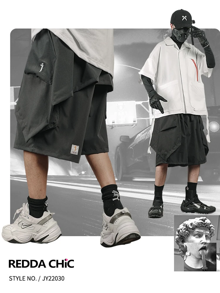 REDDACHIC Detachable Cape Jorts Men 2-piece Set Elastic Waist Casual Wide Leg Pocket Cargo Pants Black Gray Retro Y2k Sweatpants