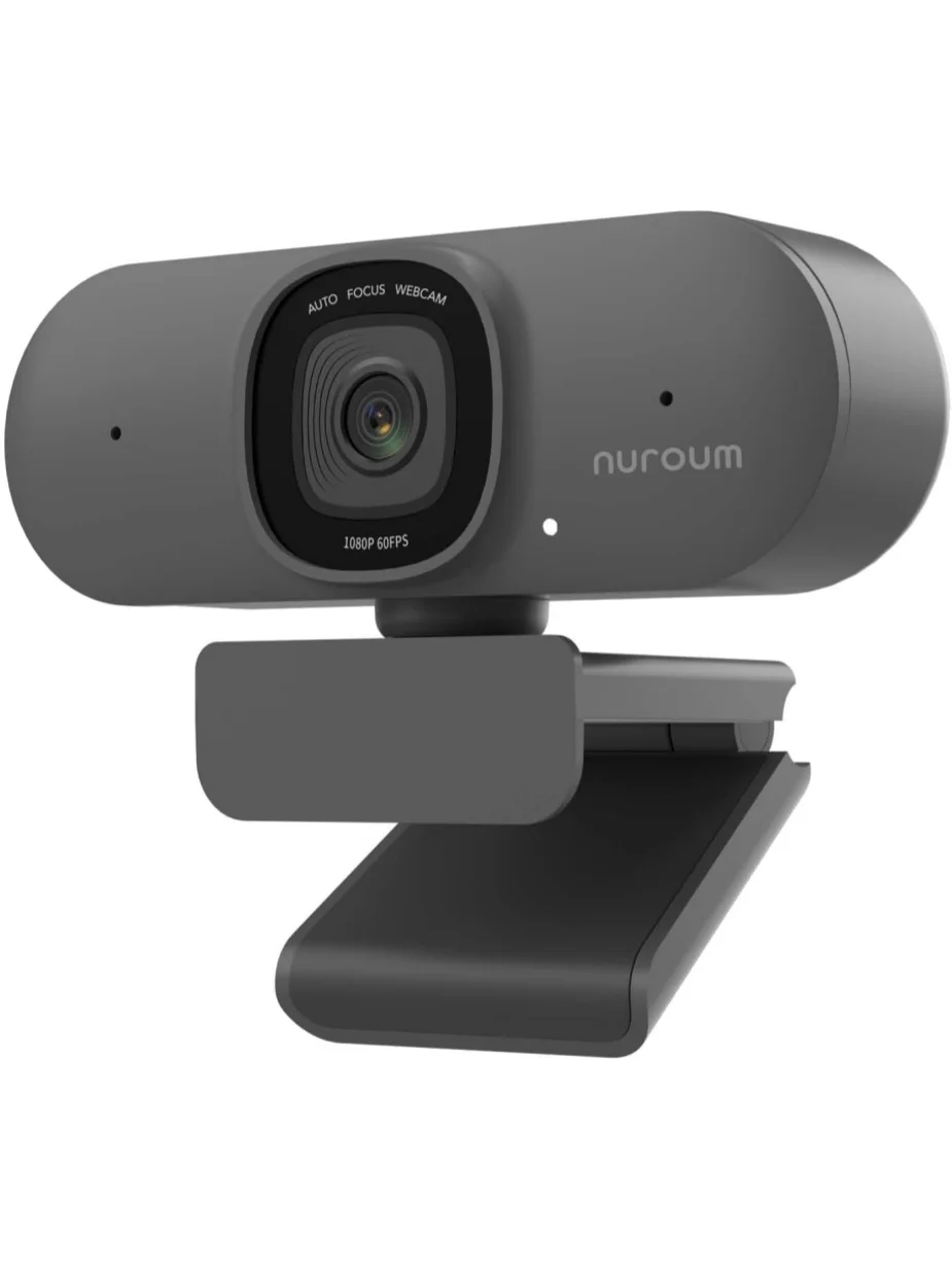 NUROUM V15AF Szara Kamera Internetowa 2K UHD z Podwójnymi Mikrofonami Redukującymi Szumy, Kamera Komputerowa z Autofokusem 4MP 1080P@60FPS 75 ° Szerokokątna kamera z funkcją wyciszenia i wyciszenia — 2