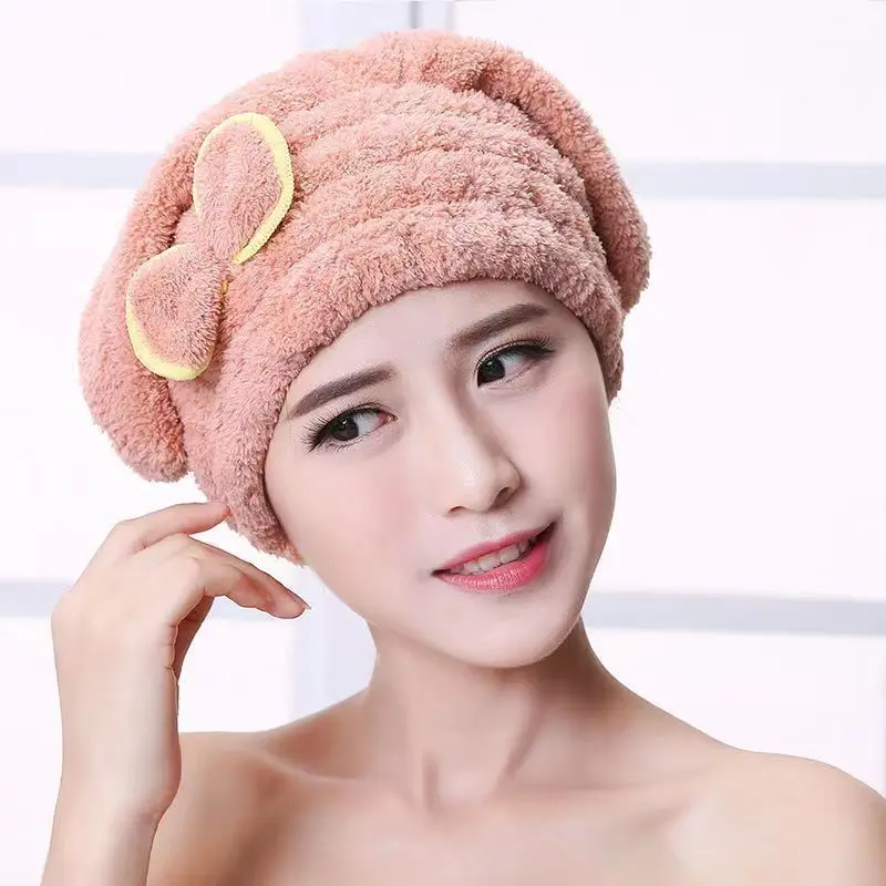 Microfiber Hair Drying Towel Wrap Super Absorbent Quick Dry Soft Coral Fleece Bath Hat with Cute Bow for Women Girls Wet Curly