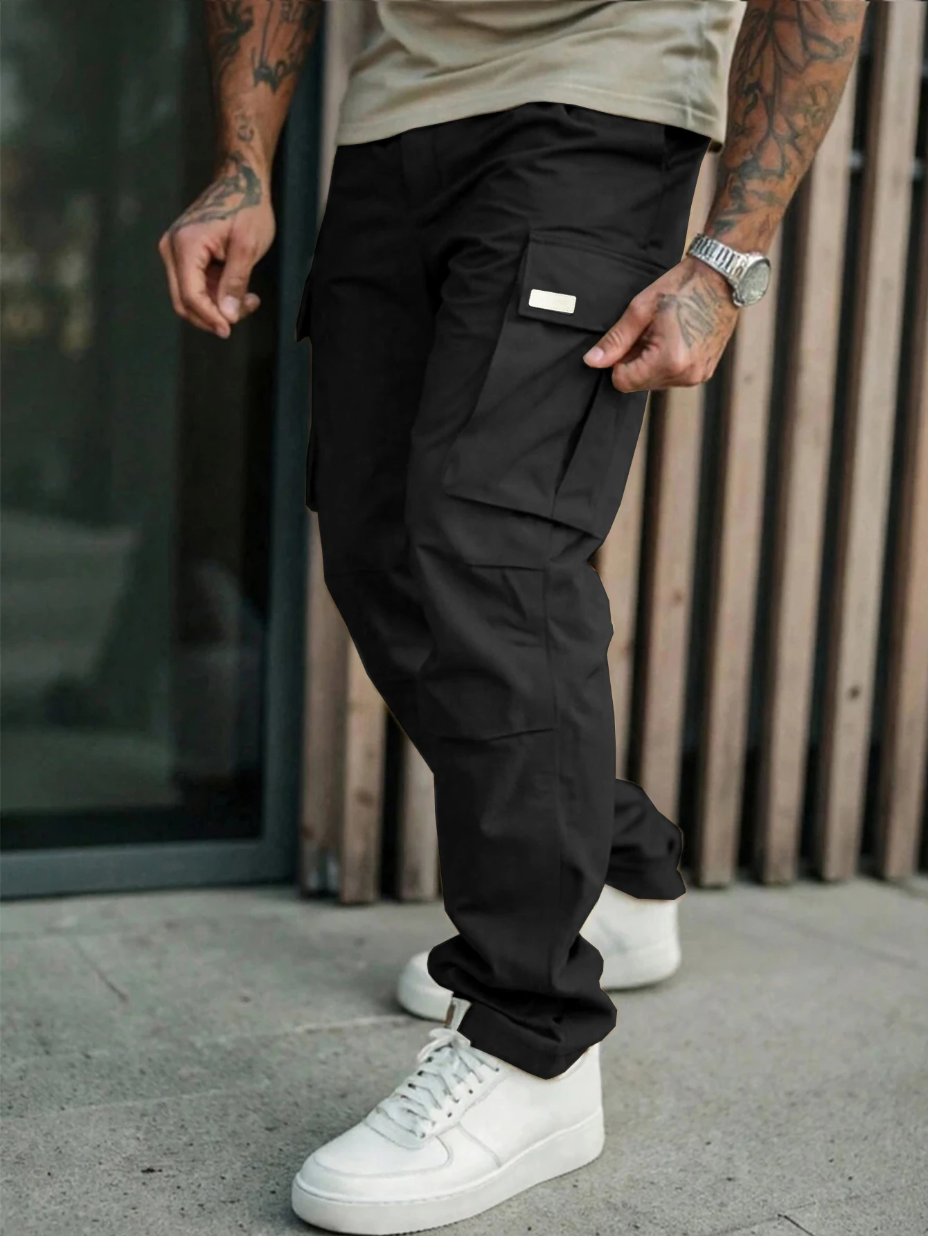 

Мужские однотонные брюки-карго с карманами и завязками на талии, повседневные уличные прямые брюки стандартной посадки для повседневной носки