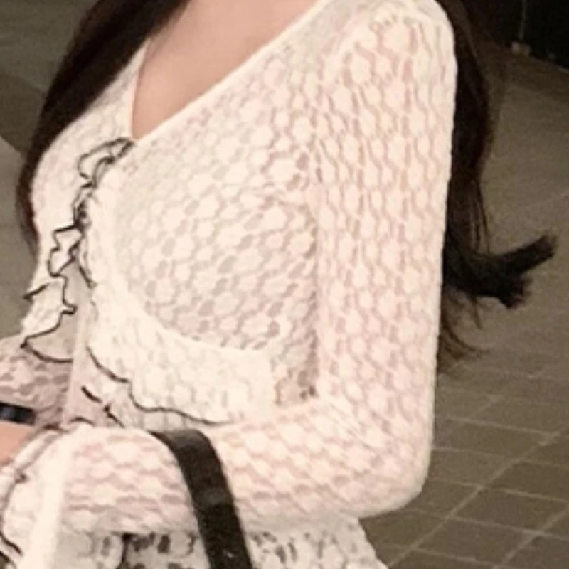 

Вязаная крючком кружевная рубашка Pure Desire, женские топы с v-образным вырезом и рюшами, милые шикарные топы с длинными рукавами