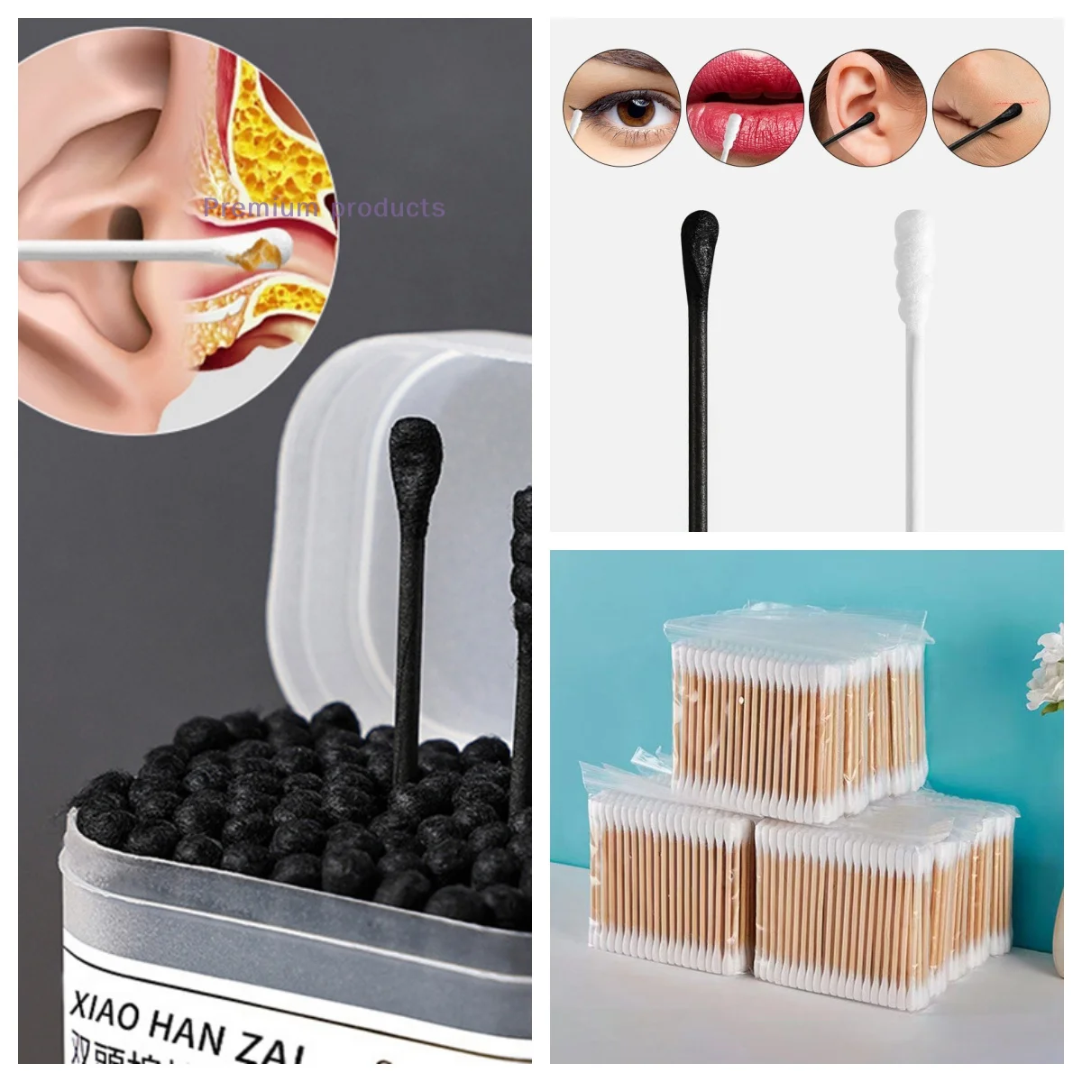 100Set 2-in-1 Ear Digging Spoon Double Ended Cotton Stick Spiral Ear Cleaner Disposable Cleaning Black And White Cotton Swab