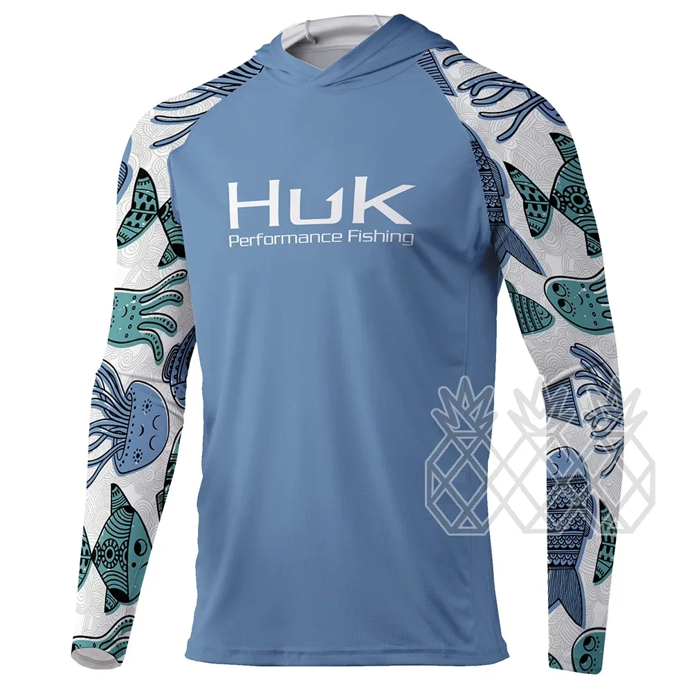 HUK Men Long Sleeve Fishing Shirts Hoodie UV Protection Quick Drying Performance Fishing Shirts Breathable Sports Fishing Jersey