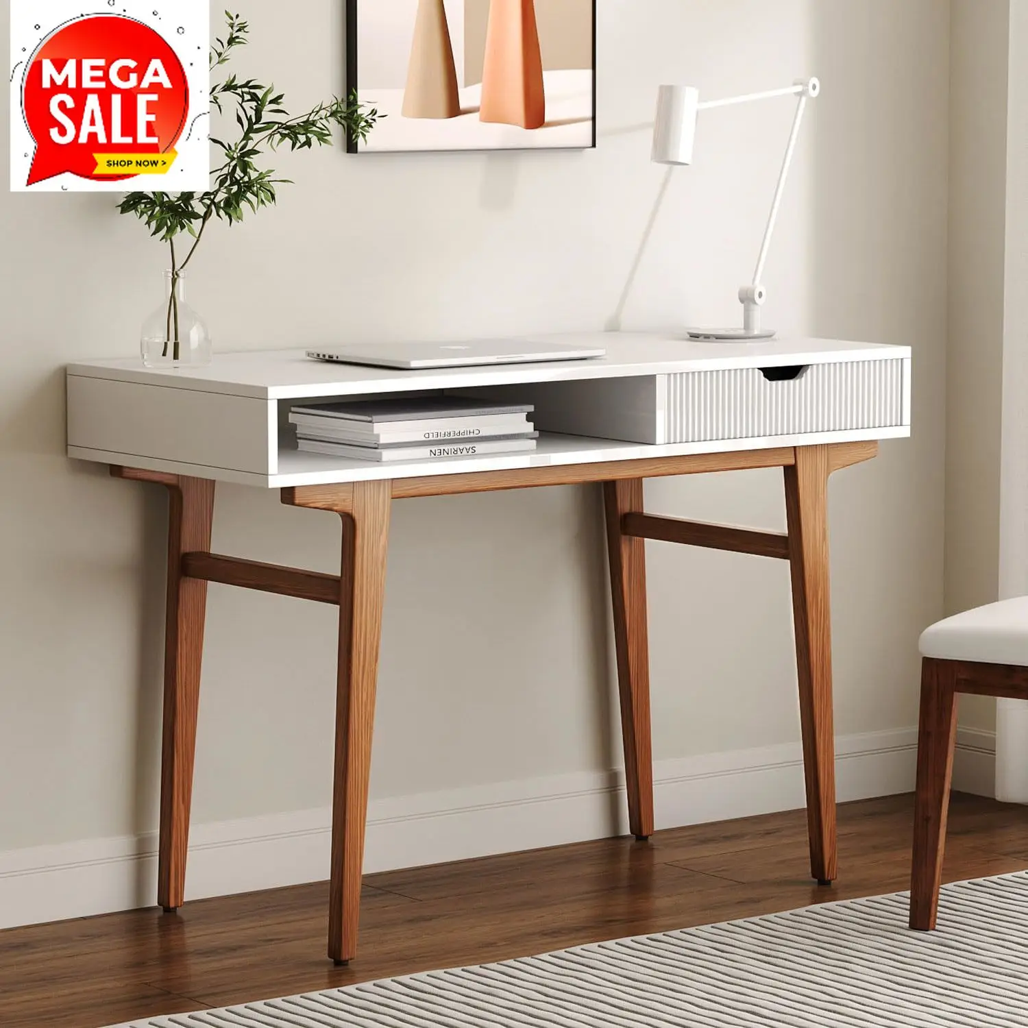 

Бестселлер: Белый компьютерный стол с ящиками - 45-дюймовый минималистичный небольшой офисный стол из массива дерева в стиле середины века для дома - Бохо