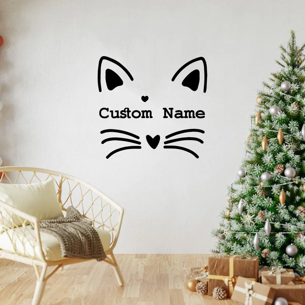 Autocollant mural en vinyle avec nom personnalisé, motif chat créatif, pour décoration de porte, 1 pièce