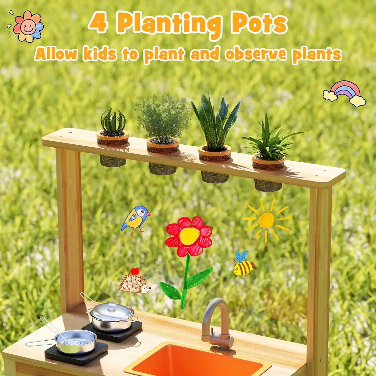 Cozinha de lama, cozinha de brincar ao ar livre de madeira de abeto para crianças, 4 copos de plantio, panelas, torneira e pia, placa acrílica diy e blackboard