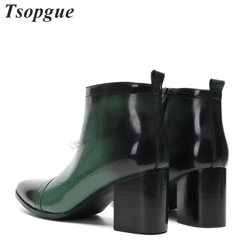 Gradient Green Leather Carve Men Shoes Men's Ankle Boots Side Zipper Thick Heel Runway Casual Party Shoes 2023 Zapatillas Mujer