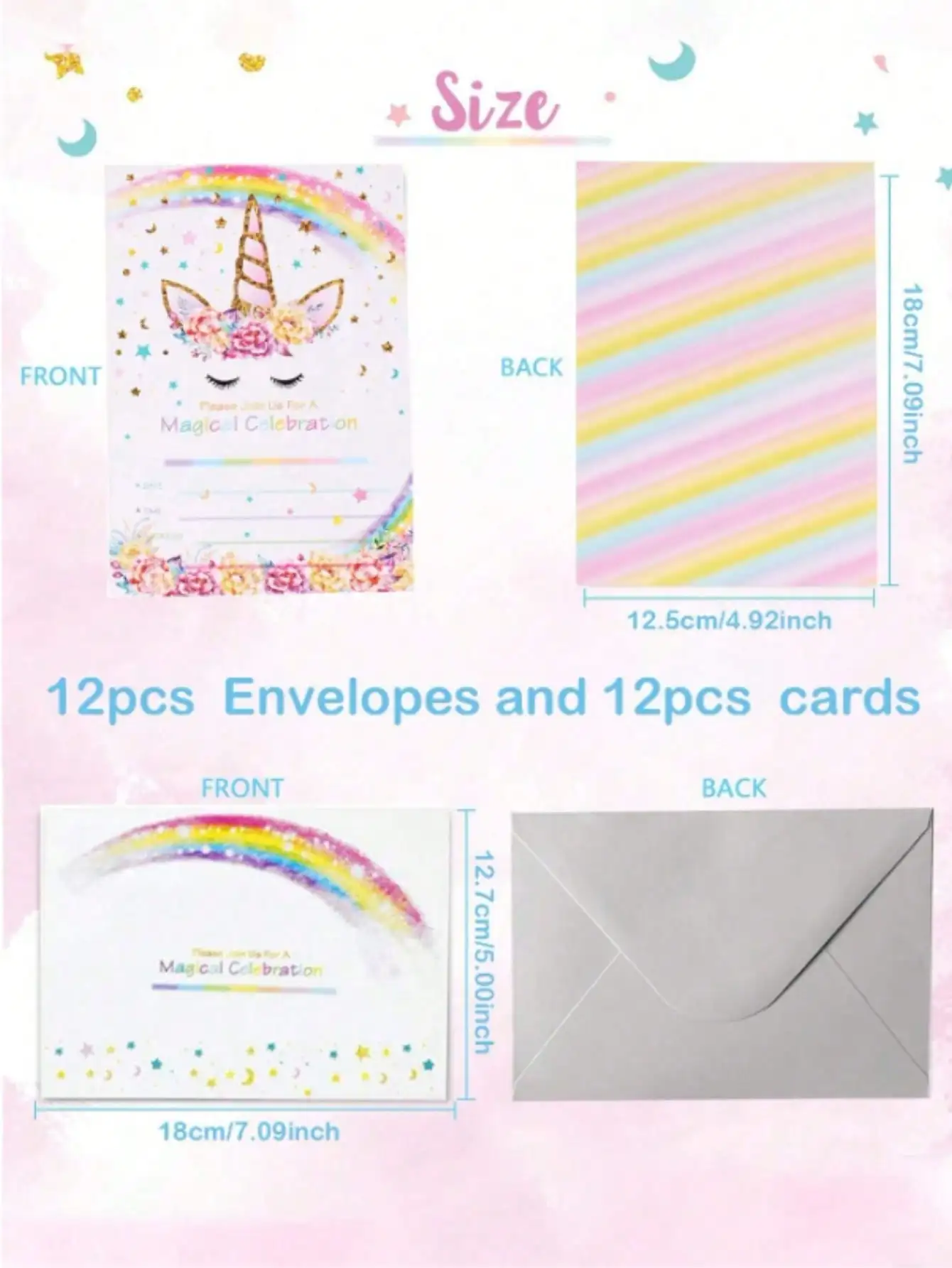 12pcs Magical Cute Unicorn Party Invitation Card (with Envelope) Home Party Supplies with Filled Blank Invitation Card Kit