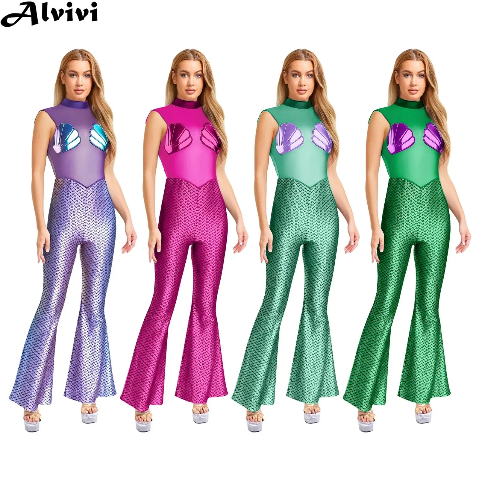 

Women Scallop Cups Sheer Mesh Shiny Fish Scale Print Bell-bottom Mermaid Jumpsuit Halloween Cosplay Costume Rave Party Clubwear